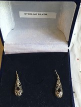 .925 Sterling Silver Garnet Cabochon Scrollwork Drop Dangle Pierced Earrings  - $68.95