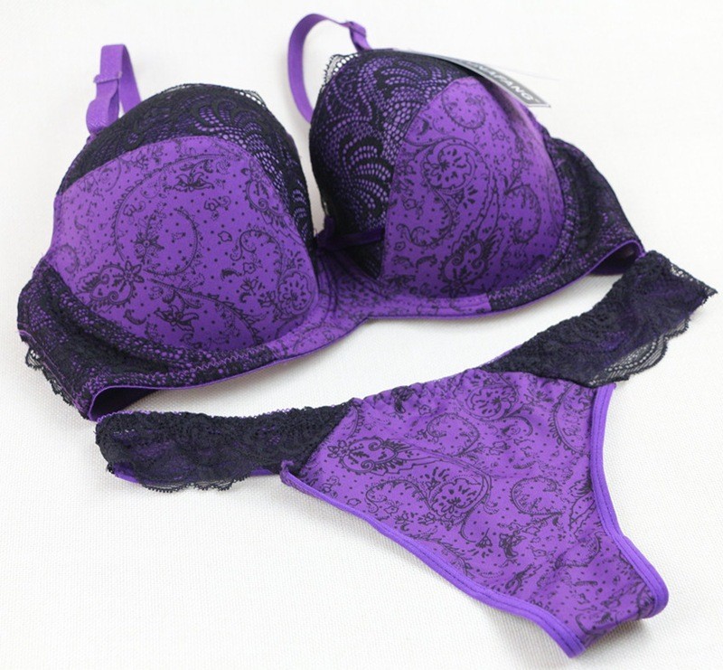 Sexy Push Up Lace Bra and Thong Sets Women Underwear Sets PURPLE Bras & Bra Sets