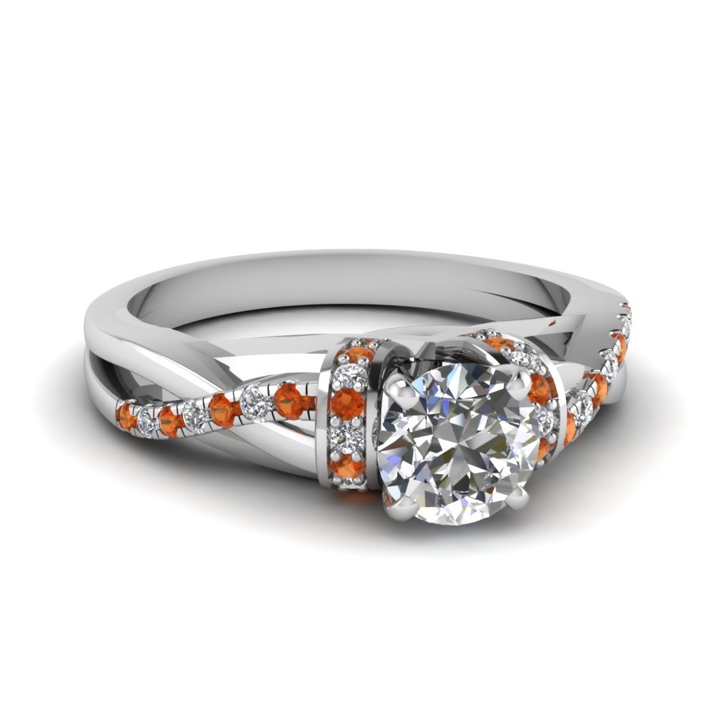 Round Cut CZ Side Stone Sleek Twist Ring W/ Orange Sapphire 18k White Gold Fn