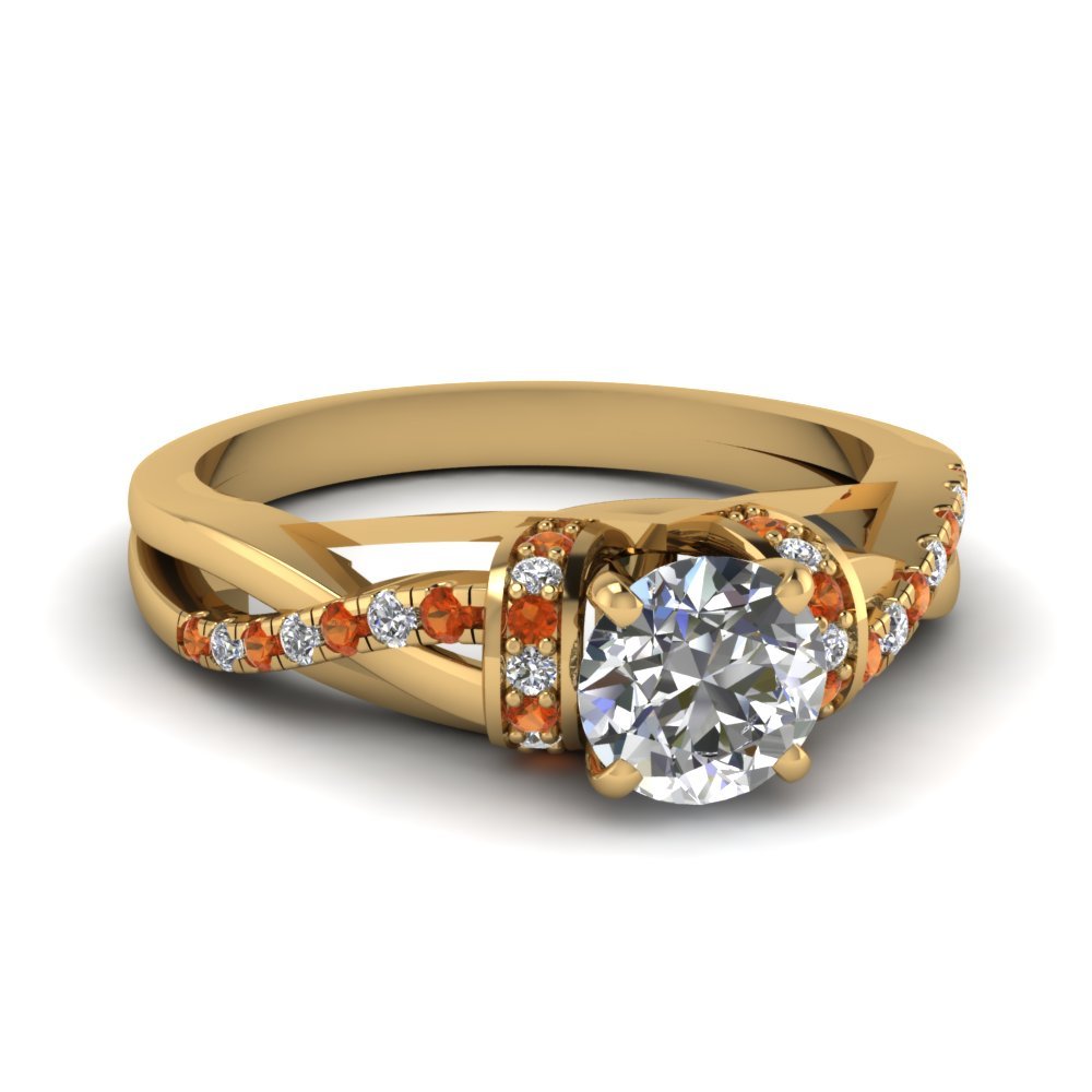 Round Cut CZ Side Stone Sleek Twist Ring W/ Orange Sapphire 18k Yellow Gold Fn