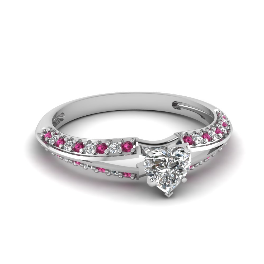Heart Shape CZ Side Stone Sleek Split Ring W/ Pink Sapphire 18k White Gold Fn