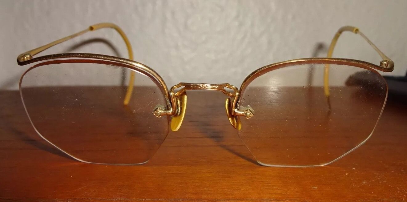 Vintage 24K Gold Rim Hexagonal Eye Glasses Gilded Frame Floating Lens