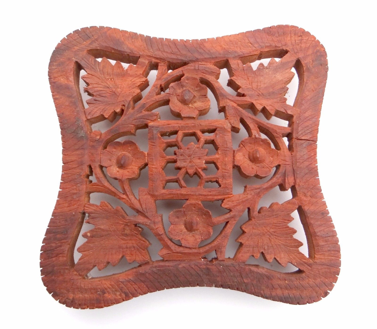 Vintage Teak Wood Trivet Footed Hand Carved Flowers Leaves Handcrafted