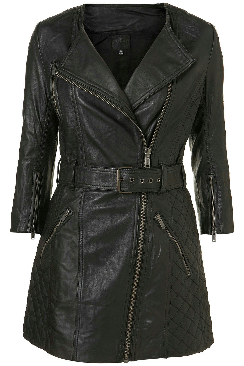Sz 4 Quilted Longline Biker Jacket Coat Black Leather