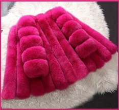 Long Full Pelt Fire Pink Fox Faux Fur O Neck with Long Sleeves Luxury Coat image 2
