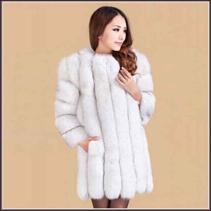 Long Full Pelt White Ash Tipped Fox Faux Fur O Neck Long Sleeves Luxury Fur Coat