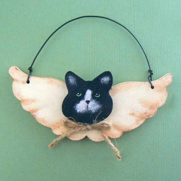Primary image for Wood B/W Kitty Cat Angel Christmas Ornament (BN-ORN104)