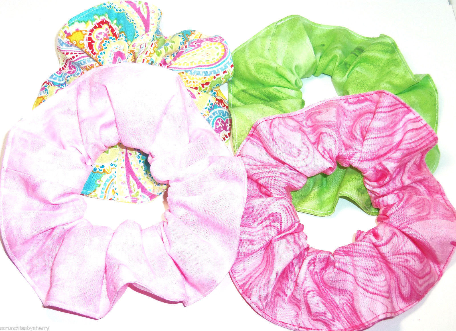 Paisley Pink Lime Green Hair Scrunchies by Sherry Ponytail Holder Lot of 4 - $24.95