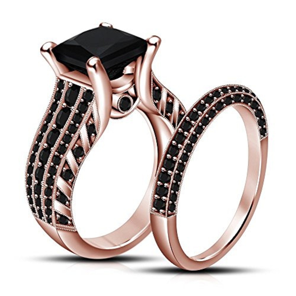 Princess Cut Black CZ Diamond Wedding Band Engagement Ring Set in .925 Silver