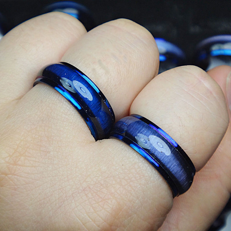 US 2Pcs Blue Cat Eye Enamel Top Stainless Steel Couple Ring Set Blue rings