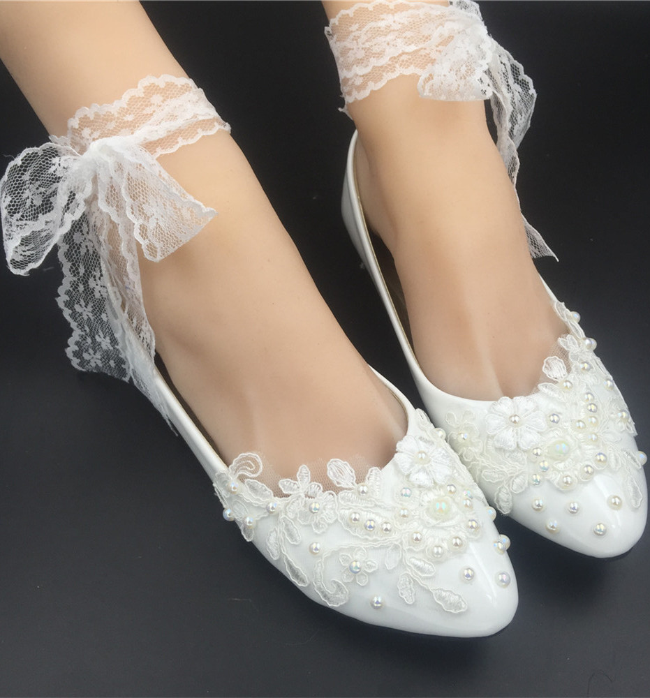 Fine US Lace pearls embellished,Sweet Sixteen,White ballet style slippers - Girls' Shoes