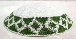 Yamaka Kippah Knit Crochet White Green Diamond Band Jewish Cap - $8.43
