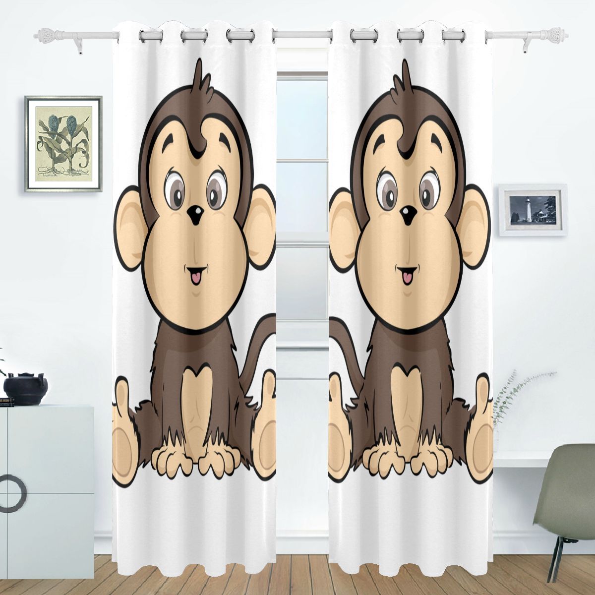 84in Curtains For Living Room Lucky Happy Little Monkey Cartoon Print ...