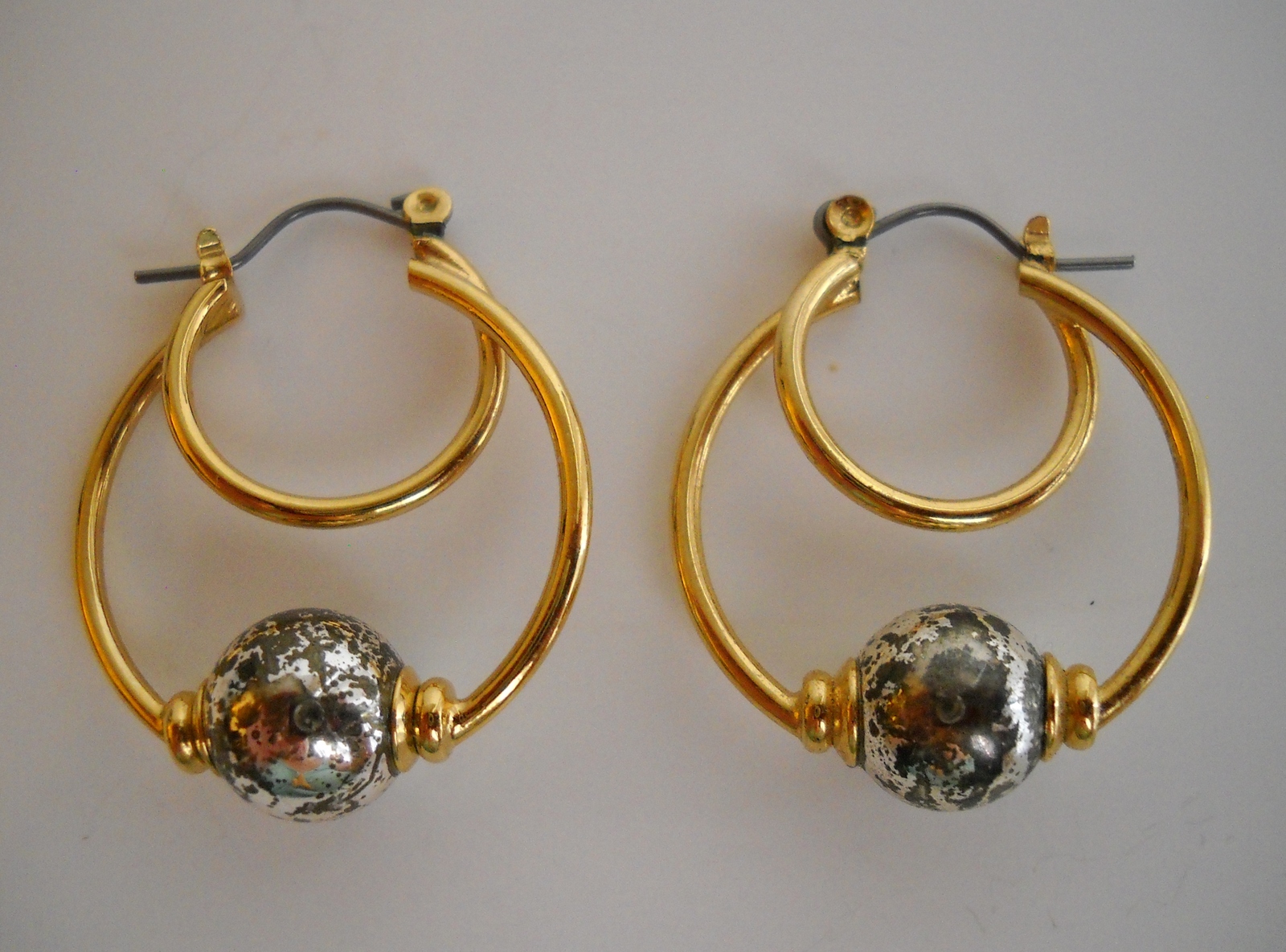 Gold Silver Metal Double Hoop Ball Beaded Earrings Pierced Post Fashion Jewelry Earrings