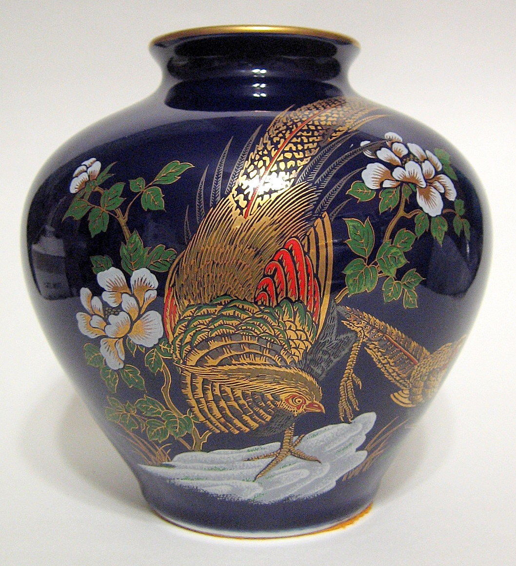 German Ornate Double Peacock Vase Cobalt Blue with Gilding