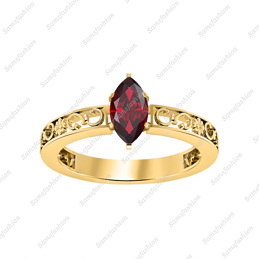 Marquise-Cut Red Garnet 14K Yellow Gp 925 Silver Solitaire Women Engagement Ring