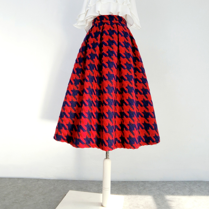 Winter RED Houndstooth Midi Skirt Lady A-line High Waist Pleated ...