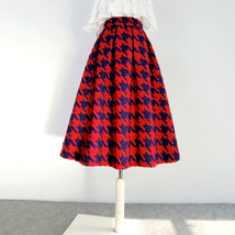 Winter RED Houndstooth Midi Skirt Lady A-line High Waist Pleated Christmas Skirt