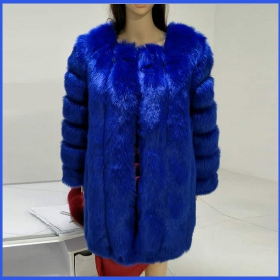 Long Full Pelt Sapphire Blue Fox Faux Fur O Neck with Long Sleeves Luxury Coat