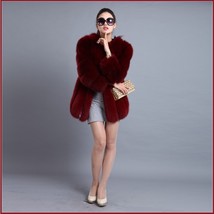 Long Full Pelt Burgundy Fox Faux Fur O Neck with Long Sleeves Luxury Fur Coat image 1