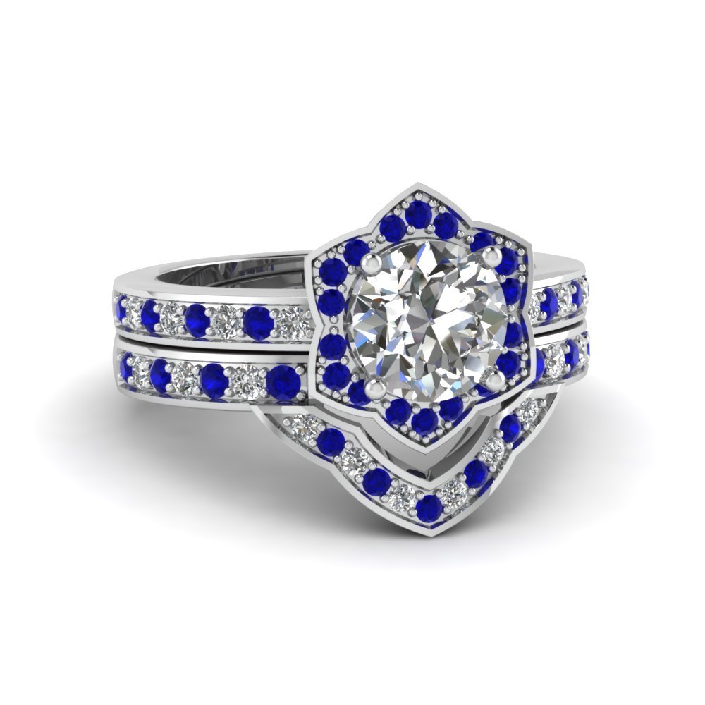 Round Cut CZ Victorian Halo Wedding Ring Set w/ Blue Sapphire 14k White Gold Fn