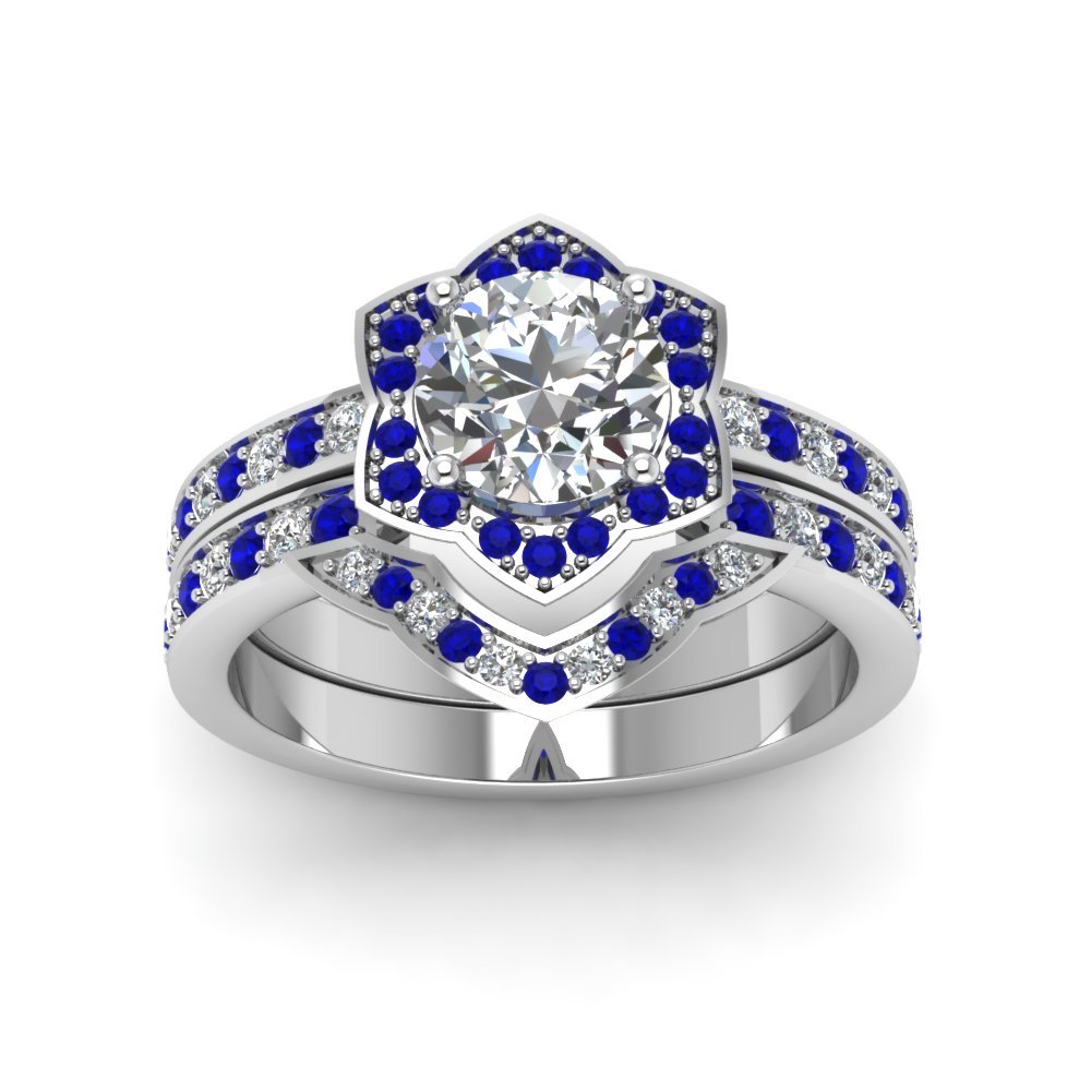 Round Cut CZ Victorian Halo Wedding Ring Set w/ Blue