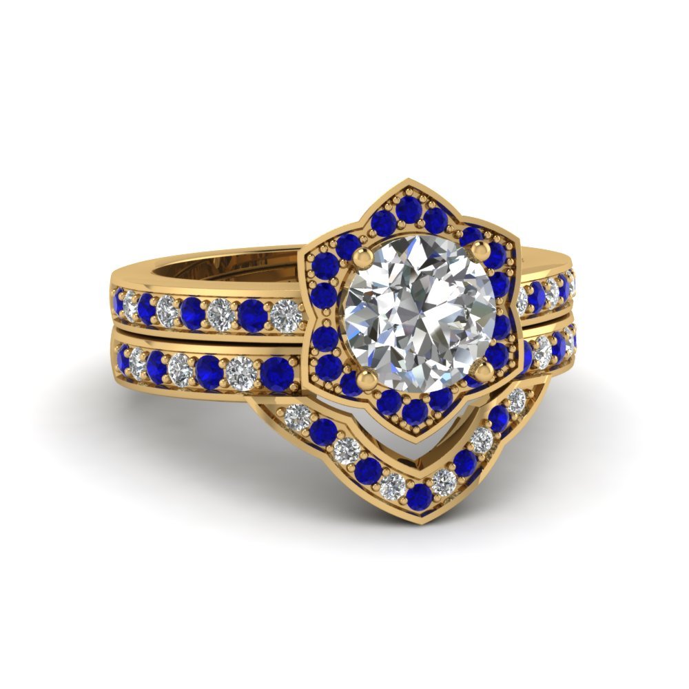 Round Cut CZ Victorian Halo Wedding Ring Set w/ Blue Sapphire 14k Yellow Gold Fn