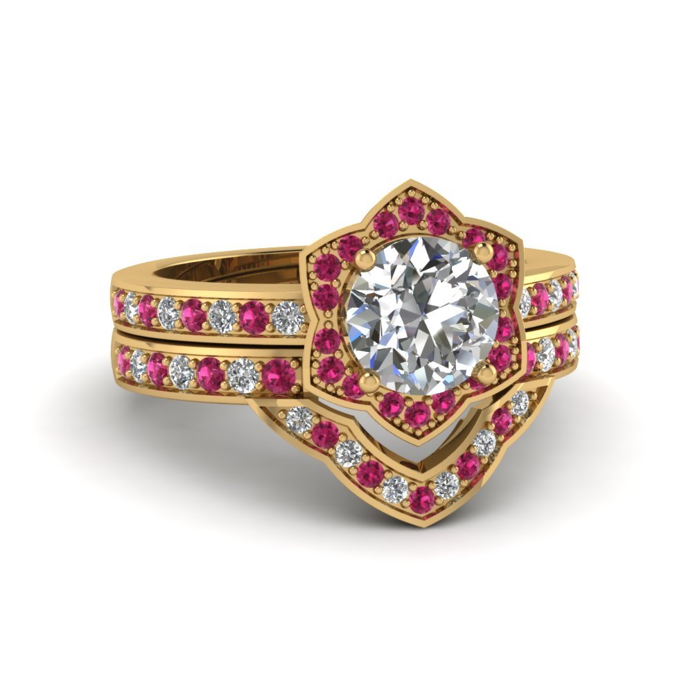 Round Cut CZ Victorian Halo Wedding Ring Set w/ Pink Sapphire 14k Yellow Gold Fn