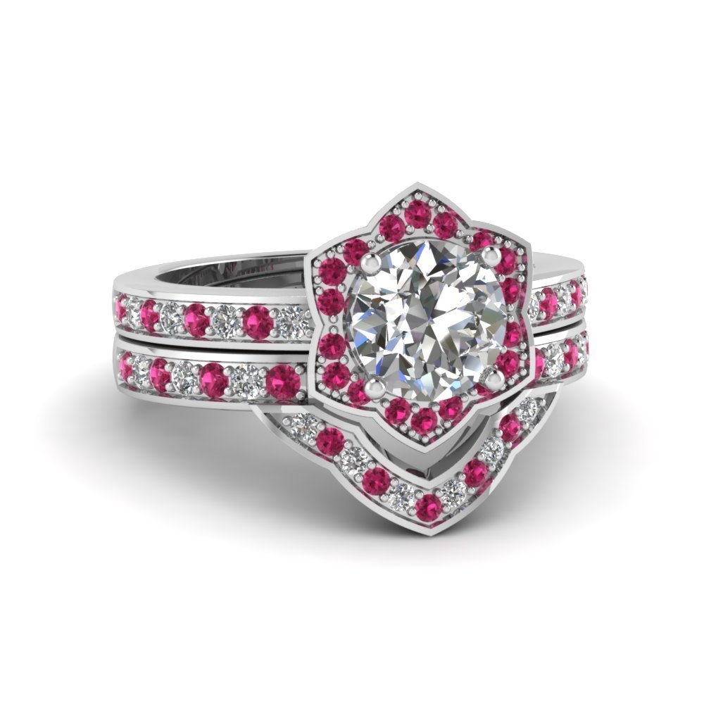 Round Cut CZ Victorian Halo Wedding Ring Set w/ Pink Sapphire 14k White Gold Fn
