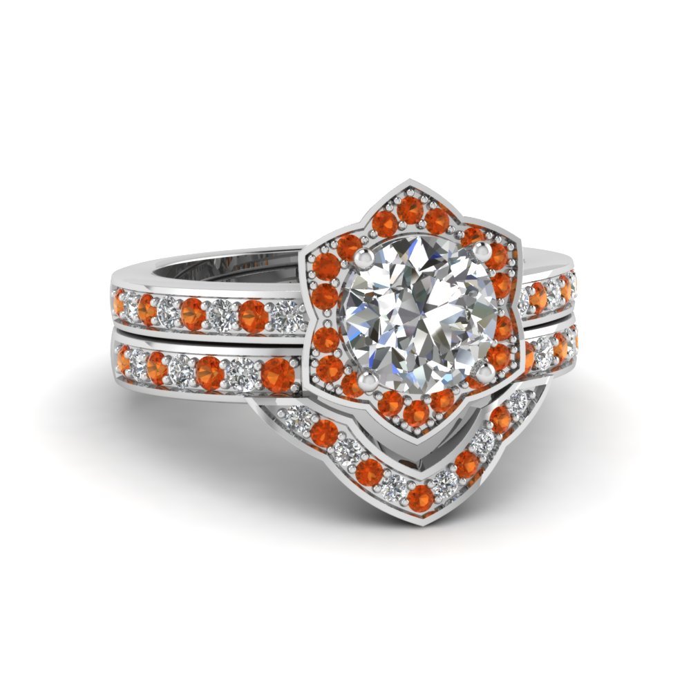 Round Cut CZ Victorian Halo Wedding Ring Set w/ Orange Sapphire 14k White GP