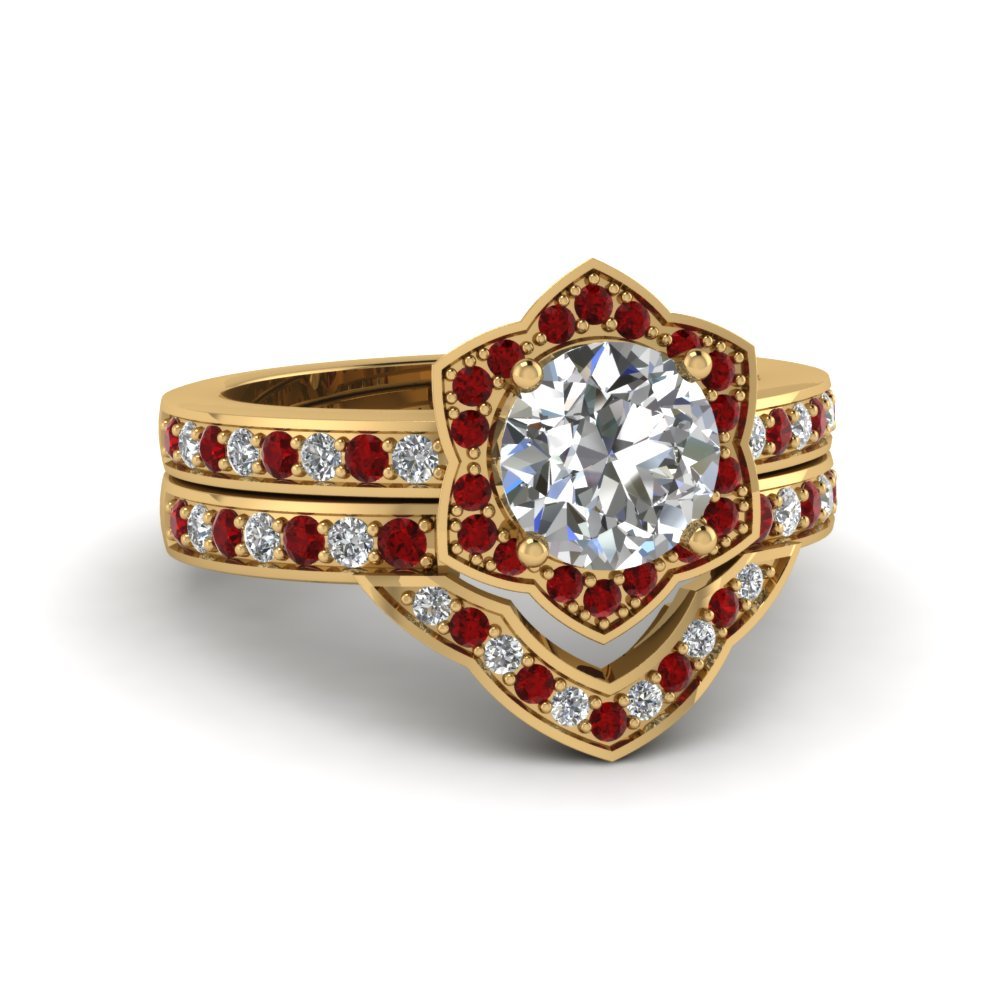 Round Cut CZ Victorian Halo Wedding Ring Set w/ Ruby 14k Yellow Gold Plated