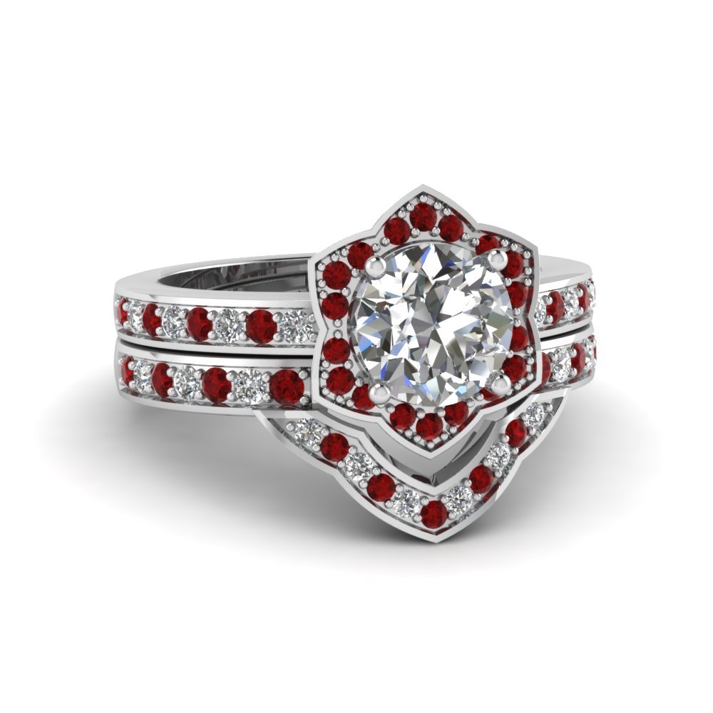 Round Cut CZ Victorian Halo Wedding Ring Set w/ Ruby 14k White Gold Plated