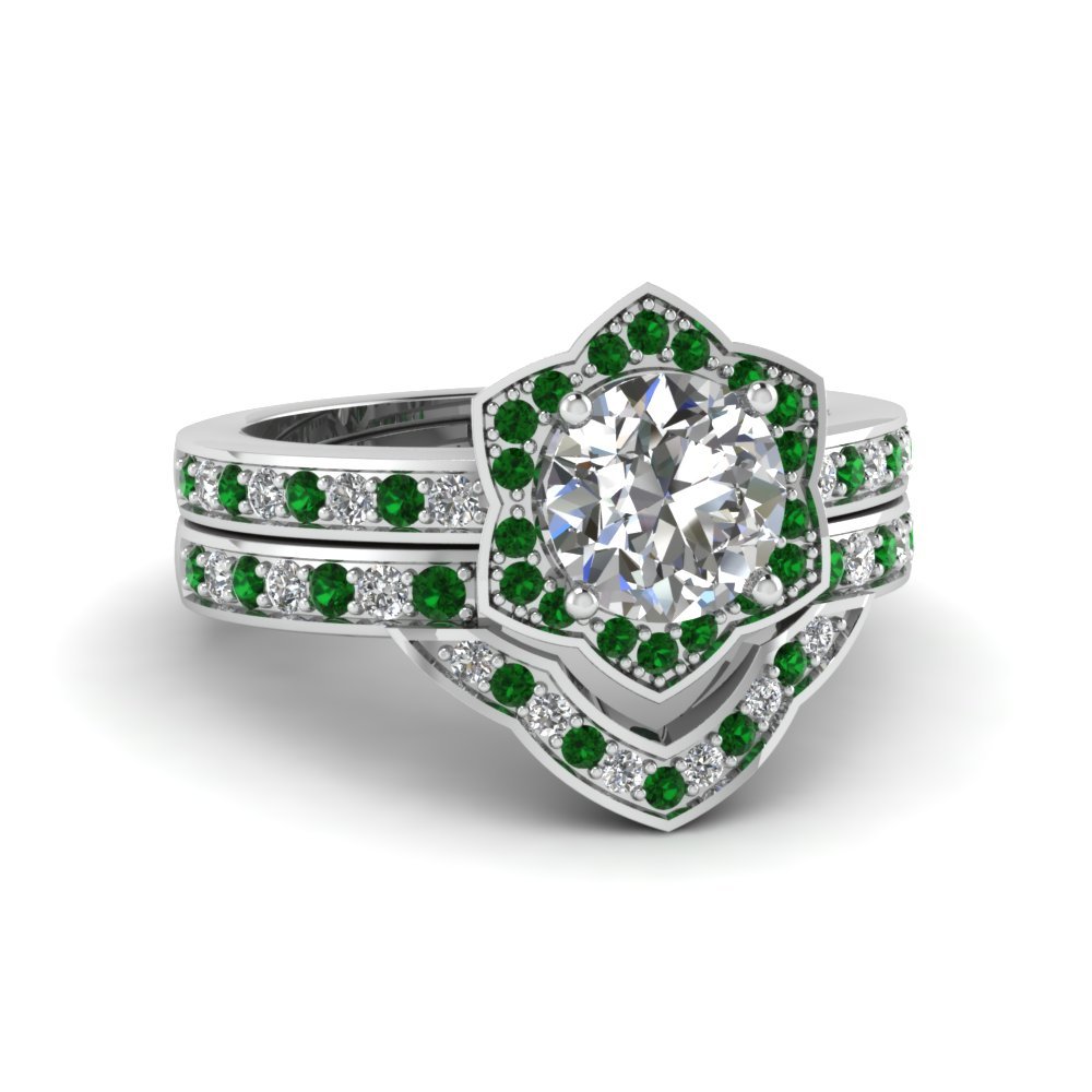 Round Cut CZ Victorian Halo Wedding Ring Set w/ Green Emerald 14k White Gold Fn