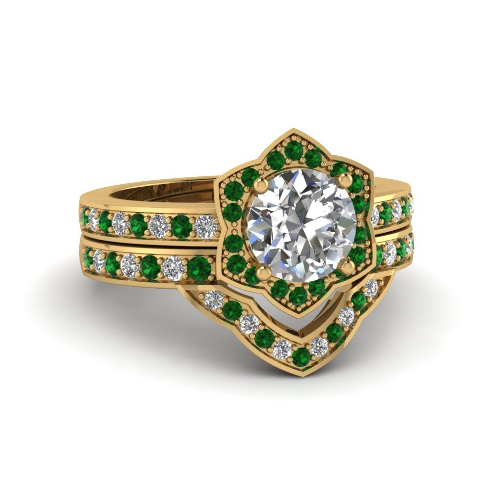 Round Cut CZ Victorian Halo Wedding Ring Set w/ Green Emerald 14k Yellow Gold Fn