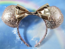 Disney Puffy Minnie Mouse Ears Headband Champagne Gold 2019 Bow Sequins Adult - $11.88