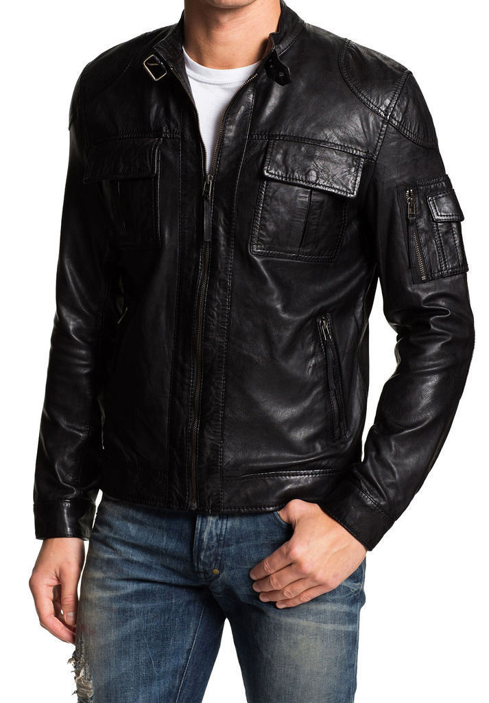 Men's Black Genuine Lambskin Leather Slim Fit Biker Motorcycle Jacket ...