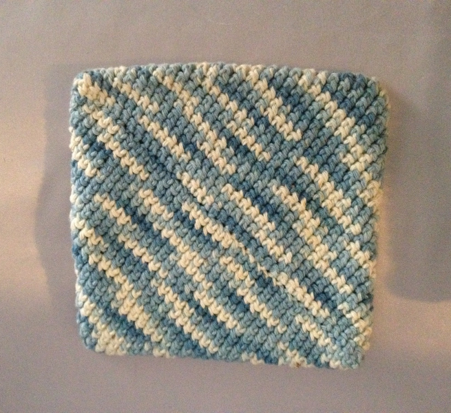 Blue and White Knitted Hot Pad, Handmade, Hand Knit, Potholder, Gently