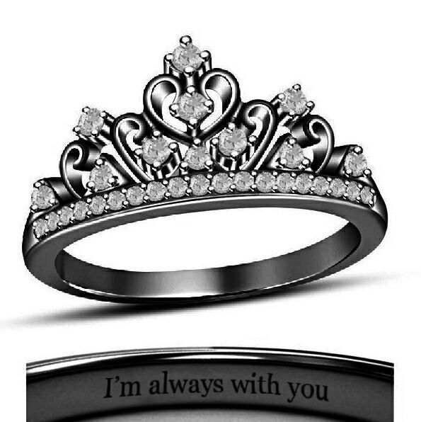18K Black Gold Fn. Round White CZ Diamond Disney Princess Crown Engagement Ring