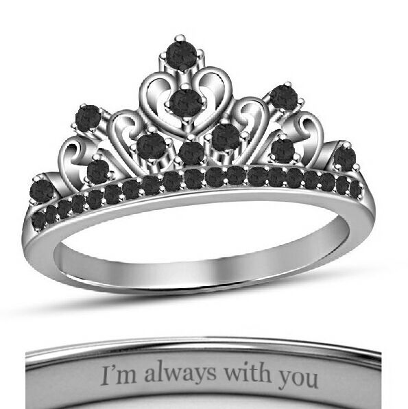 18K White Gold Fn. Round Black CZ Diamond Disney Princess Crown Engagement Ring