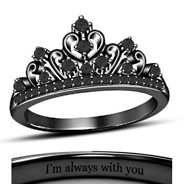 18K Black Gold Fn. Round Black CZ Diamond Disney Princess Crown Engagement Ring