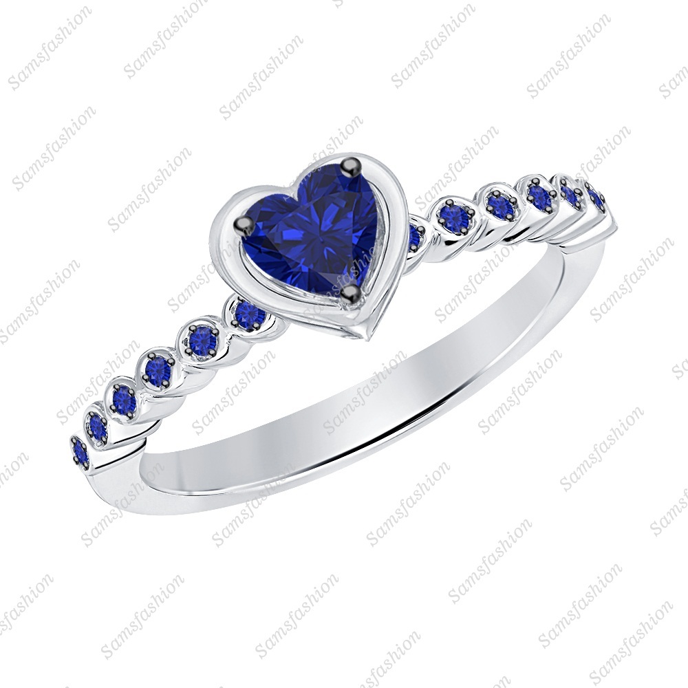 Women's Heart Shaped Blue Sapphire 14k White Gold Over 925 Engagement Band Ring