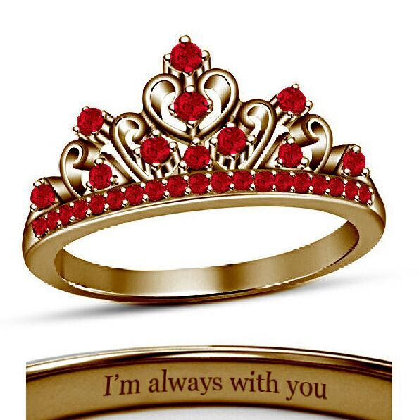 18K Rose Gold Fn. Round Cut Red Ruby Heart Disney Princess Crown Engagement Ring