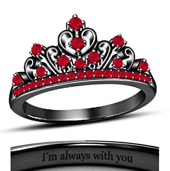 18K Black Gold Plated Round Cut Red Ruby Disney Princess Crown Engagement Ring