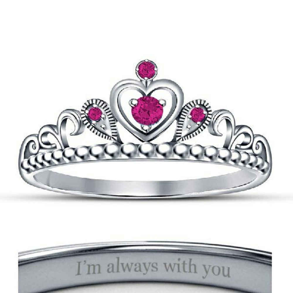 18K White Gp Pink Sapphire Milgrain Heart Disney Princess Crown Engagement Ring