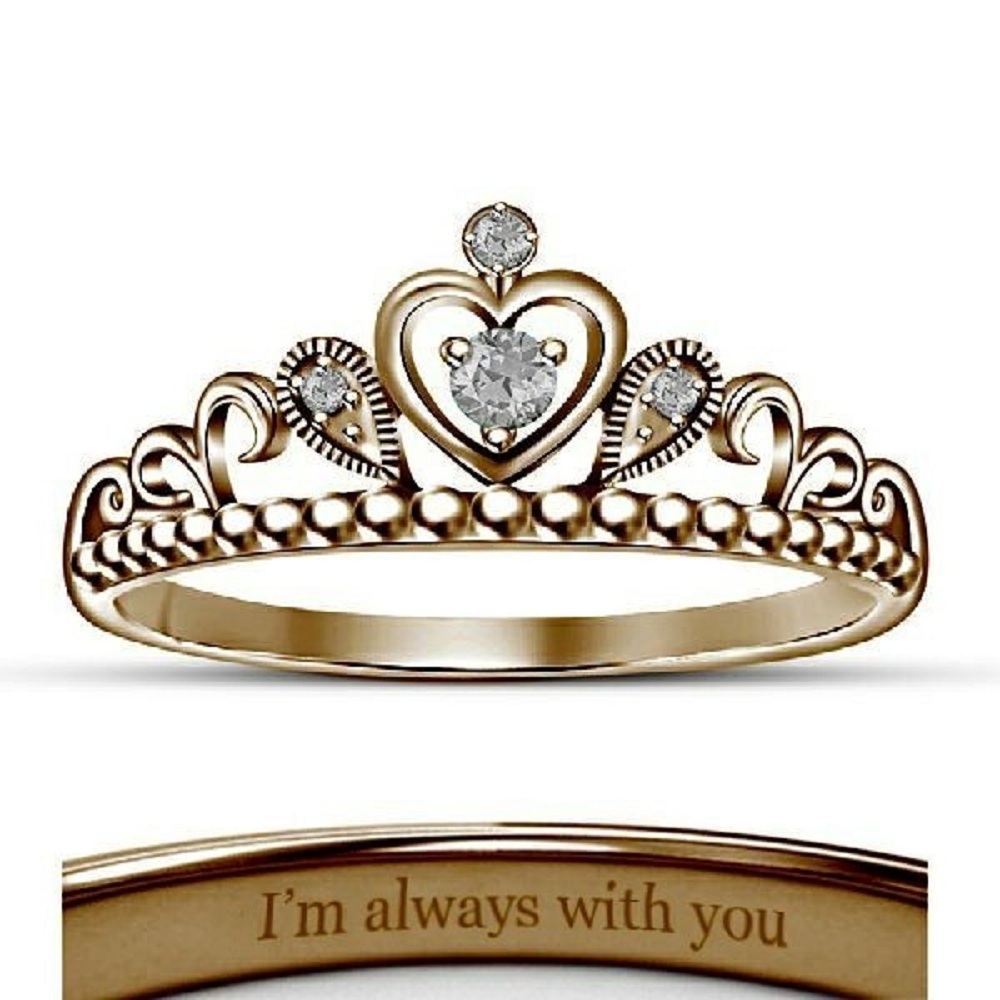 18K Rose Gold Fn CZ Diamond Milgrain Heart Disney Princess Crown Engagement Ring