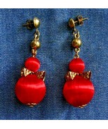Elegant Red Satin Ball Gold-tone Filigree Drop Pierced Earrings 1970s vi... - $12.30