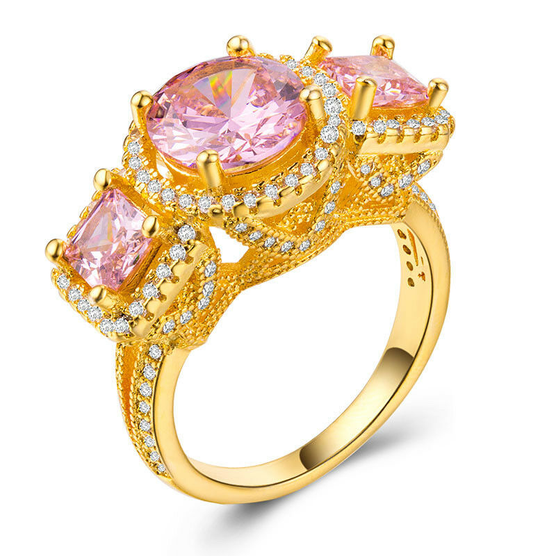 Luxury Round Cut Pink Sapphire 18k Yellow Gold Plated Wedding Ring Size 6-10