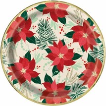 Red and Gold Poinsettia 8 Ct Paper Foil Luncheon Dinner 9" Plates Christmas - $3.95