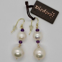 SOLID 18K YELLOW GOLD EARRINGS WITH WHITE FW PEARL AND AMETHYST MADE IN ITALY image 2