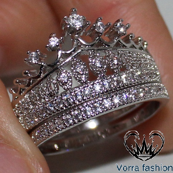 Queen Princess Crown Shaped Engagement Ring Set 14k White Gold Finish